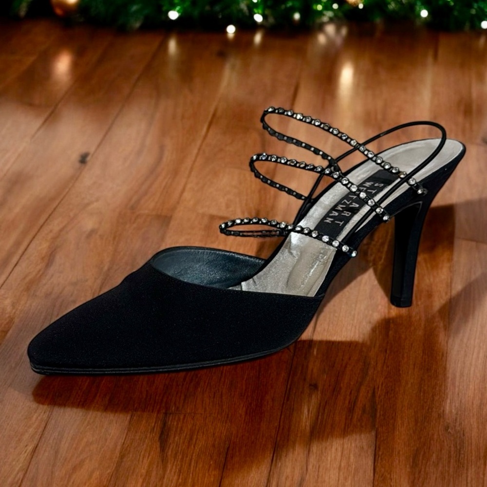 Stuart Weitzman Black Peau Rhinestone-Strap Hi-Heel Slingback Dress Pumps - EUC